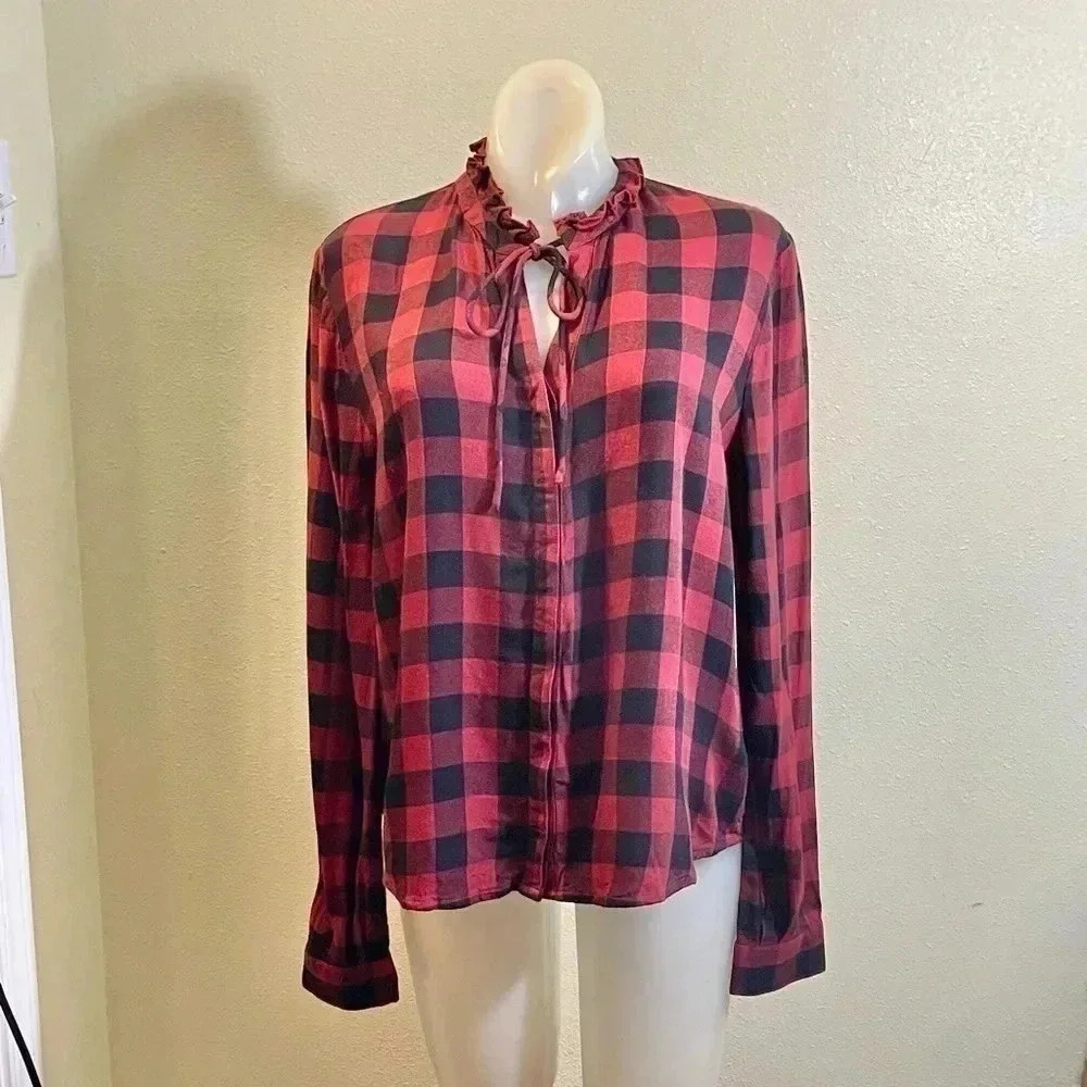 Stone Row Women’s S (4/6) Buffalo Plaid Check Ruffle Collar Tie V Button Front